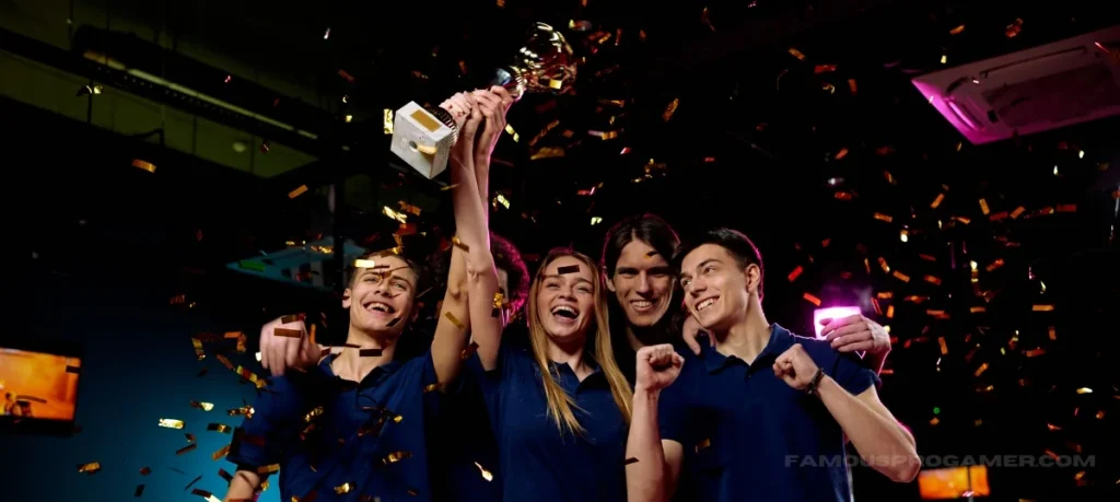 professional gamers holding trophies for winning gaming tournament